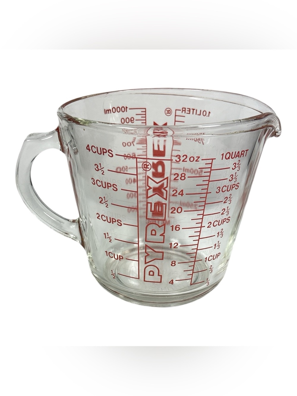 Vintage Pyrex Glass Measuring Cup Red Lettering D Handle 4 Cup 1 Quart #532